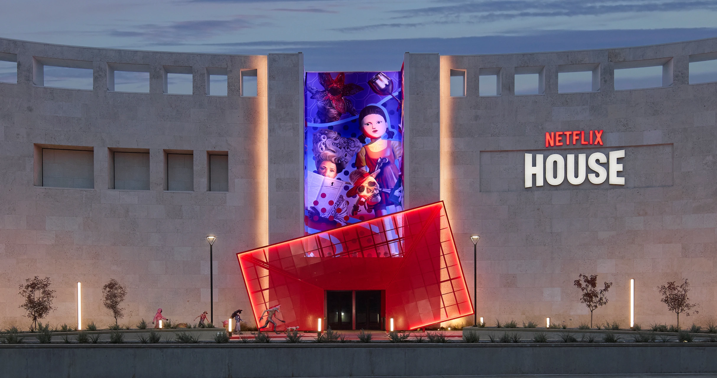 An exterior image of Netflix House and the red envelope entrance.
