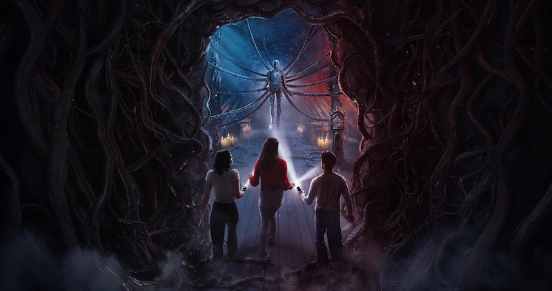 Three people with flashlights walk through a dark archway, with Vecna suspended in the air ahead of them