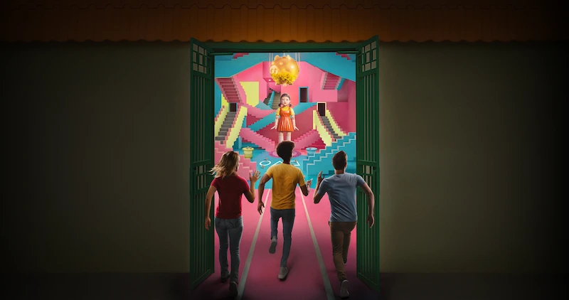 Three people walk through a doorway into a pink and blue playroom filled with staircases, Young-hee, colorful balls on the ground, and a piggy bank hanging from the ceiling