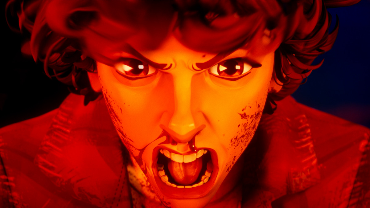 Animated character with curly hair in a red environment, screaming with intense emotion. The lighting is dramatic, highlighting the character's expressive face and dynamic pose, creating a tense and energetic atmosphere.