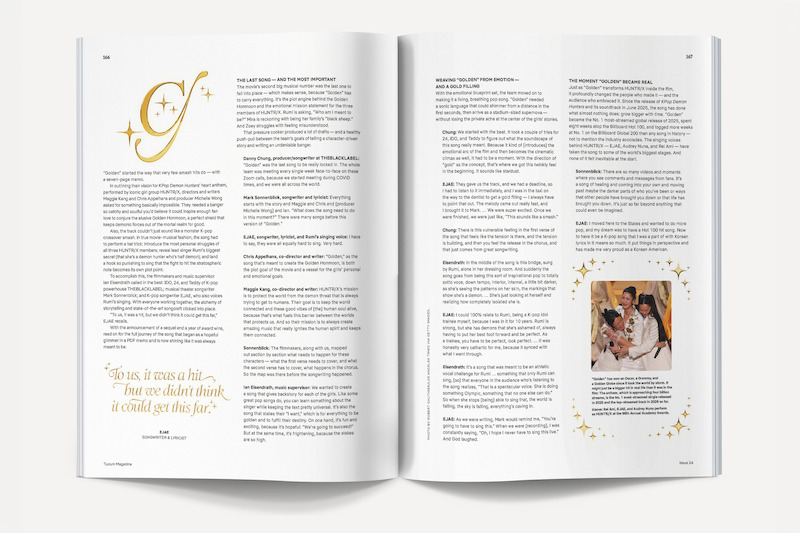 Magazine spread with two pages of text, decorative graphics, a highlighted quote, and a small color photo of people celebrating with a child, set against a white background in a well-lit environment.