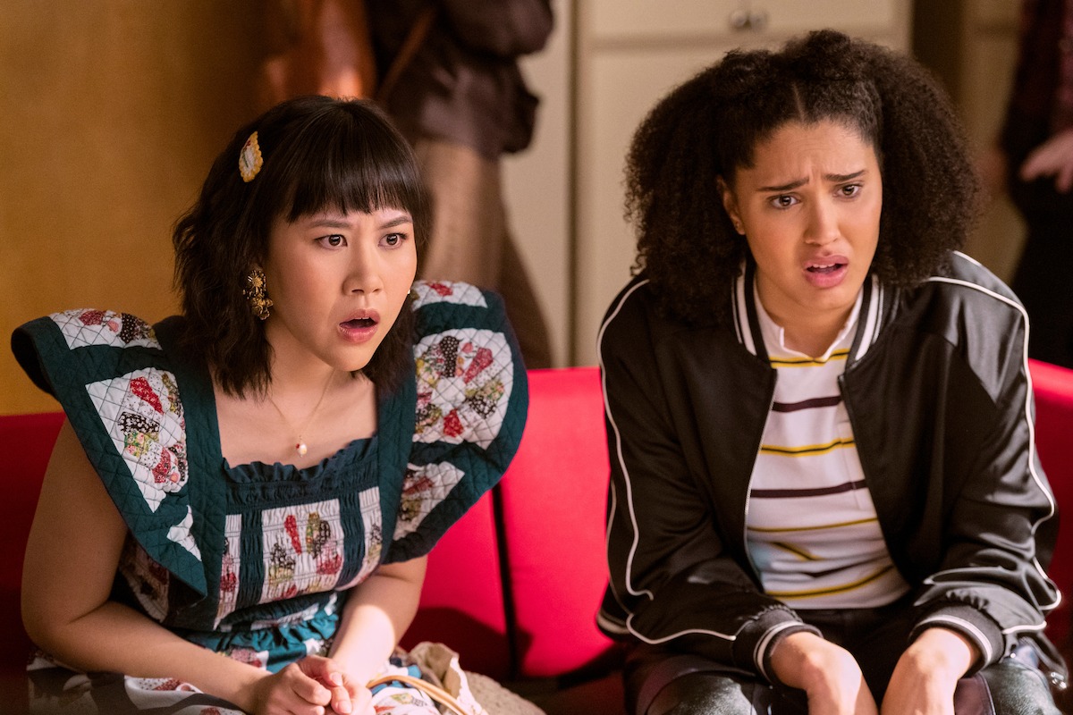 Ramona Young as Eleanor Wong and Lee Rodriguez as Fabiola Torres looking shocked in ‘Never Have I Ever’ Season 4. 