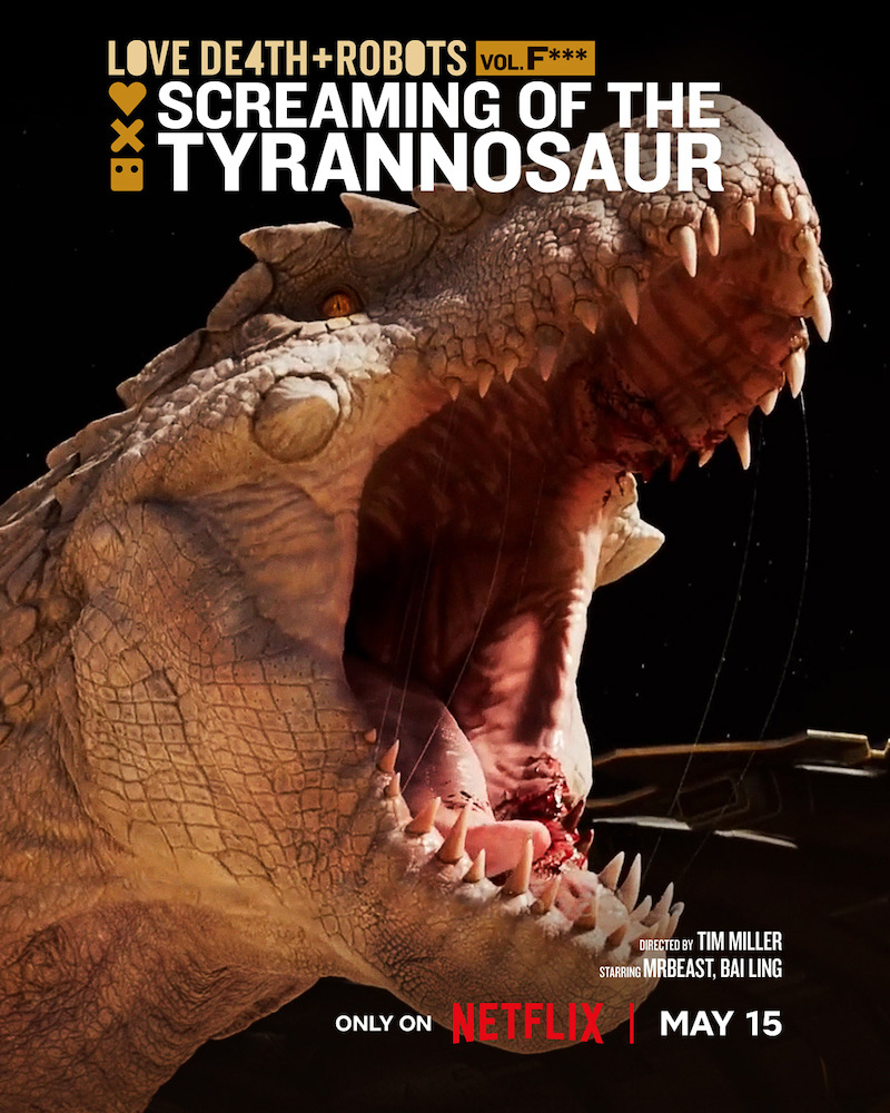 Key art for the episode "Screaming of the Tyrannosaur" in 'Love, Death + Robots' Volume 4 featuring a dinosaur with an open mouth. 