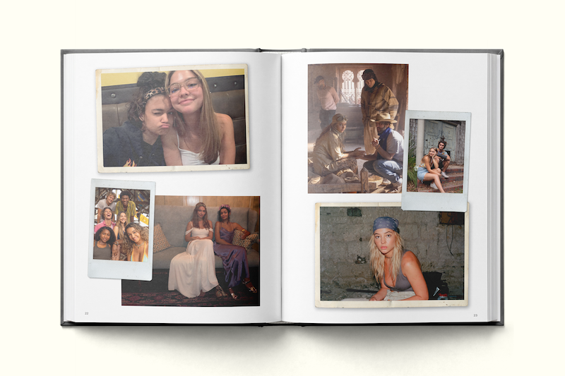 Photo album open to two pages showing candid portraits and group shots of young people, some dressed in casual clothes and others in costumes, posing indoors on couches and in what looks like an old stone building.
