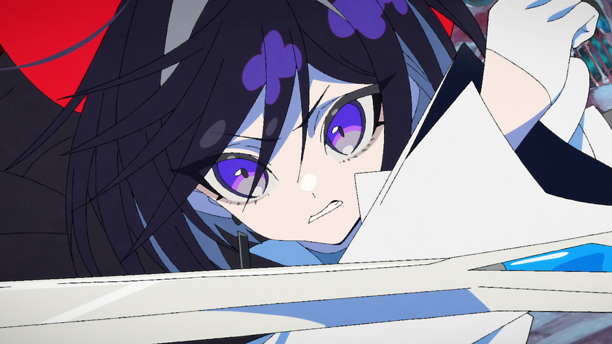 Anime-style character with intense purple eyes and dark hair, wearing a white outfit, is preparing to strike with a sword in an action scene with a dramatic red and dark background.