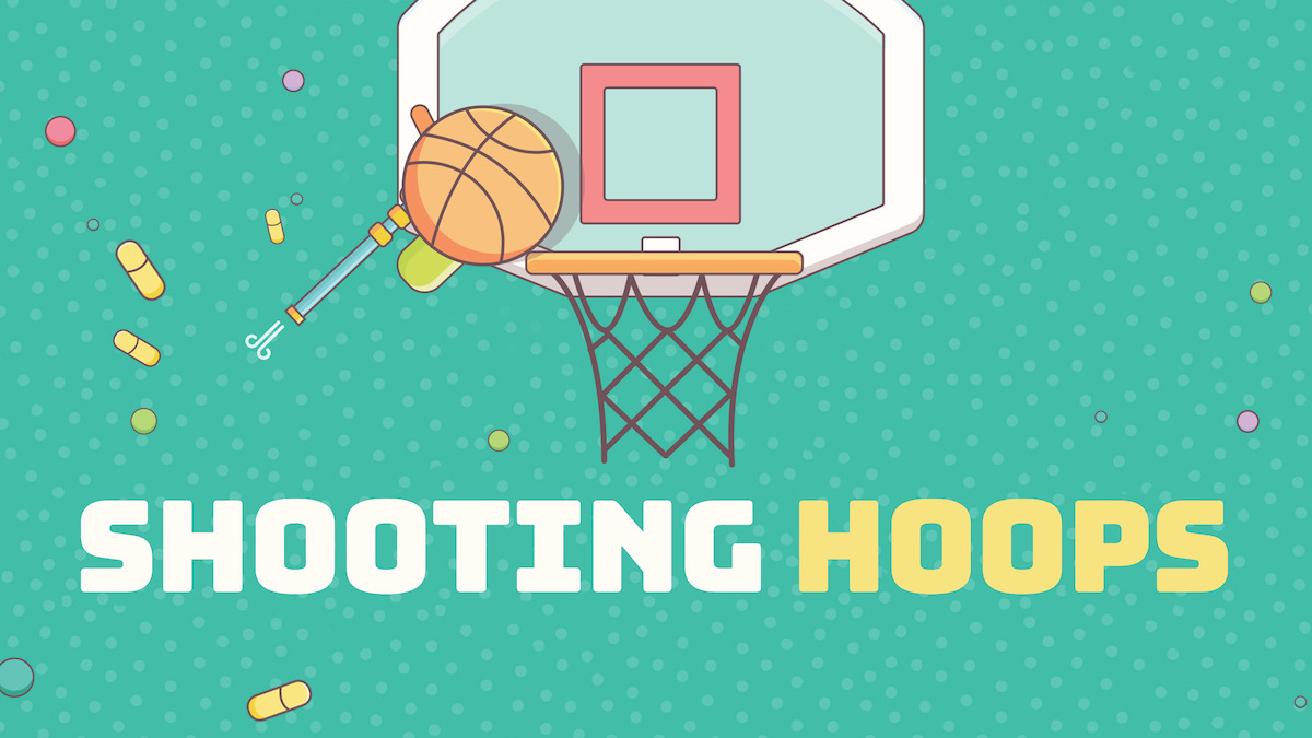 Shooting Hoops key art - cartoon basketball heading for a basketball net