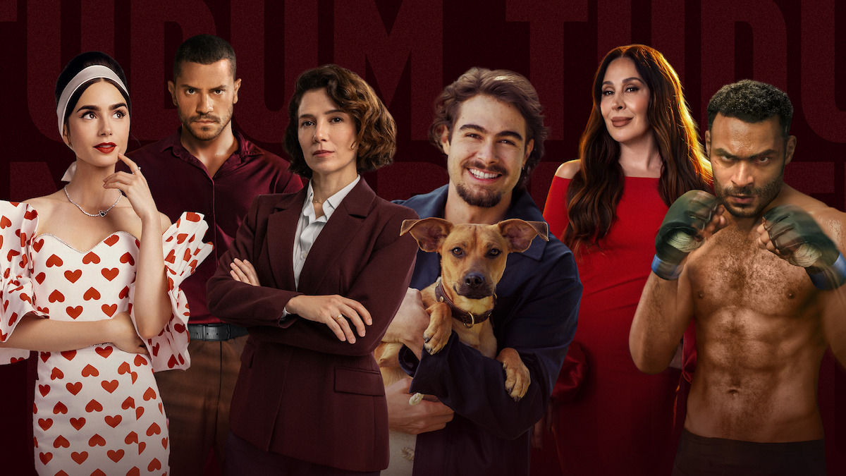 Montagem com diversos títulos da Netflix: Lily Collins (Emily in Paris), André Lamoglia (Os Donos do Jogo), Marjorie Estiano (Habeas Corpus), Rafa Vitti (Caramelo), Cláudia Raia (Sua Mãe Te Conhece?) e Vinicius Neri (Fúria)