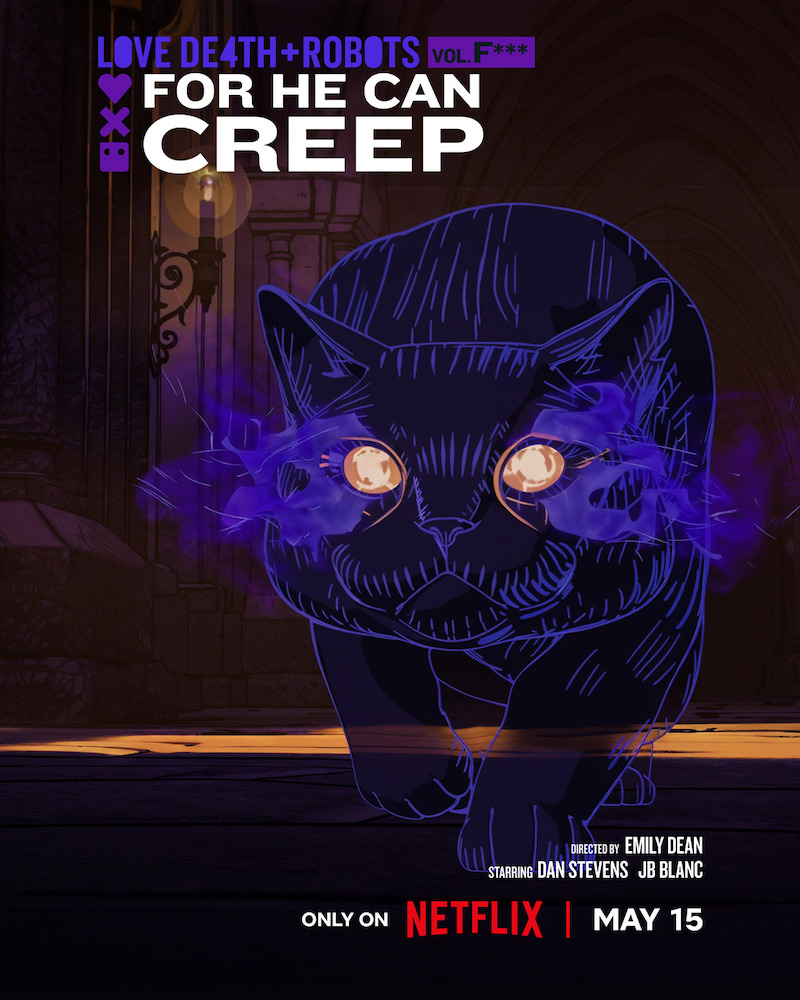 Key art for the episode "For He Can Creep" in 'Love, Death + Robots' Volume 4 featuring a purple cat with glowing eyes. 