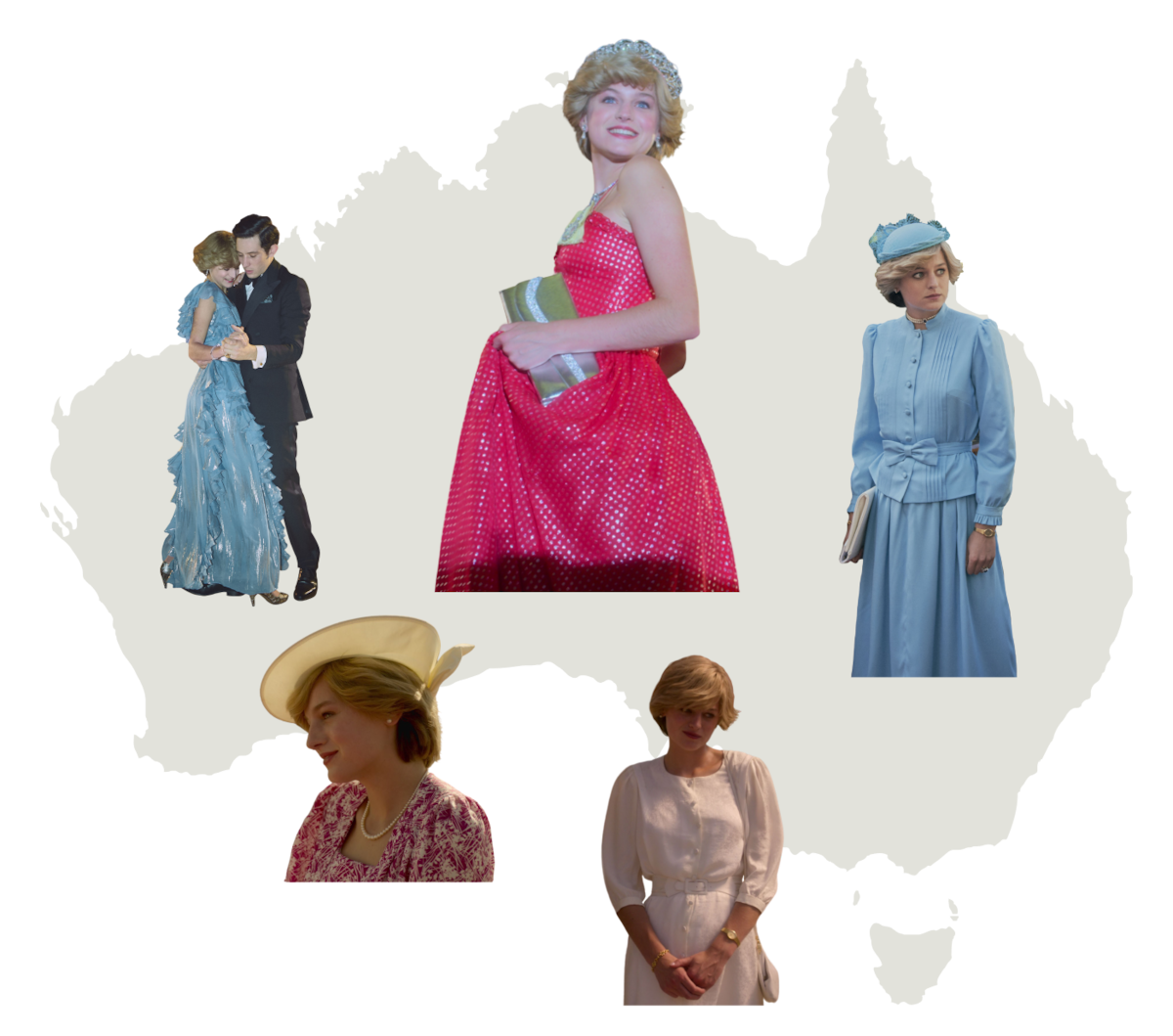 Collage of 5 outfits Diana wears overlayed on the shape of Australia