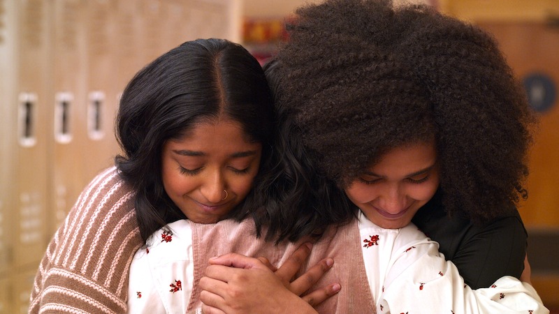 Maitreyi Ramakrishnan as Devi and Lee Rodriguez as Fabiola Torres 