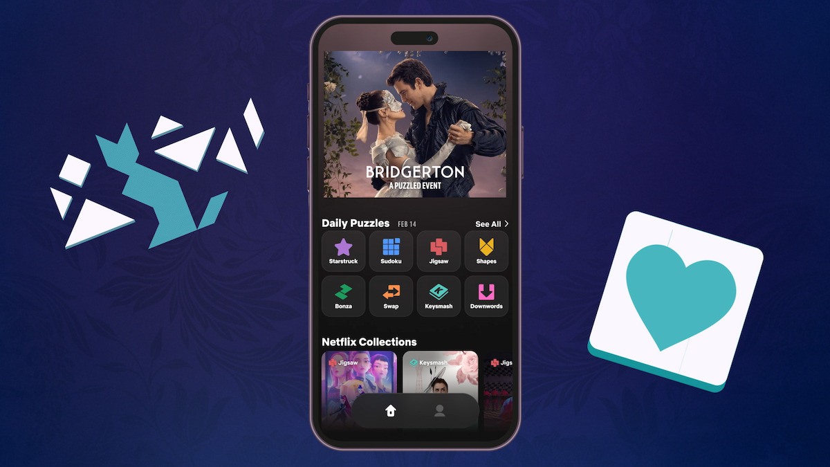 A smartphone displaying a puzzle game app themed around the Netflix series Bridgerton, with romance imagery, puzzle icons, and Netflix collections, set against a dark blue background with graphic elements.