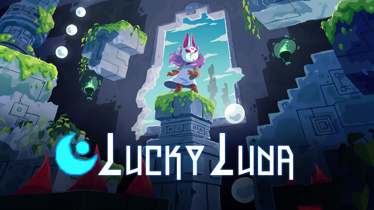 Lucky Luna key art - the character from the game standing in a tomb, in front of a temple door.