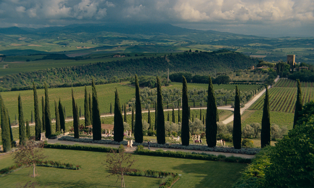 Rows of cypress trees line a scenic road through green fields and vineyards in a hilly countryside under a dramatic cloudy sky, creating a peaceful, picturesque rural atmosphere.