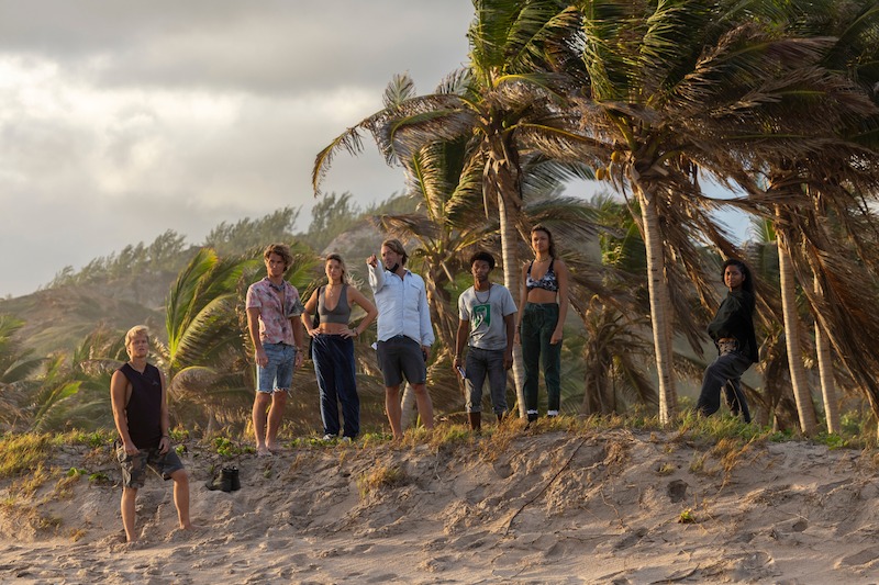 Rudy Pankow, Chase Stokes, Madelyn Cline, Director Jonas Pate, Jonathan Daviss, Madison Bailey and Carlacia Grant in Outer Banks Season 3 Behind-the-Scenes Photo Gallery