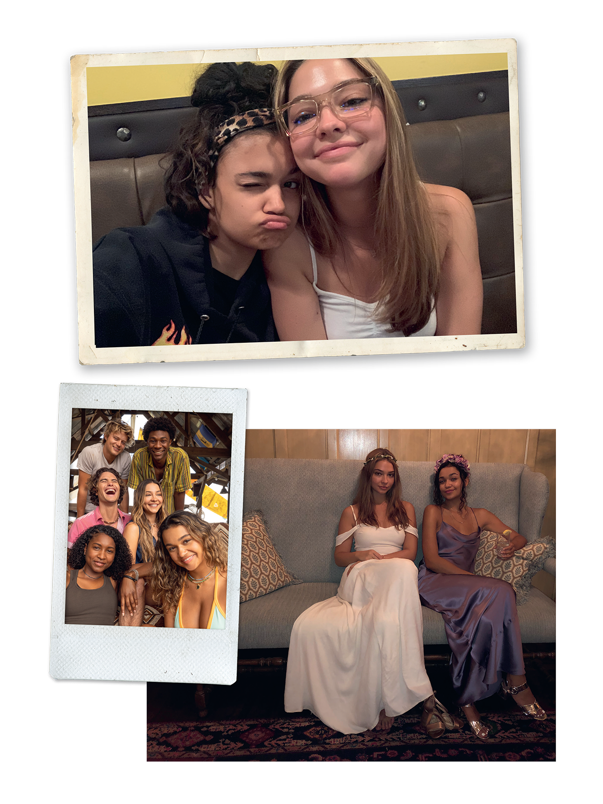 Three photos: one of two friends posing playfully on a couch, one of a group smiling outdoors, and one of two girls in formal dresses sitting on a couch in an indoor setting with decorative pillows and a rug.