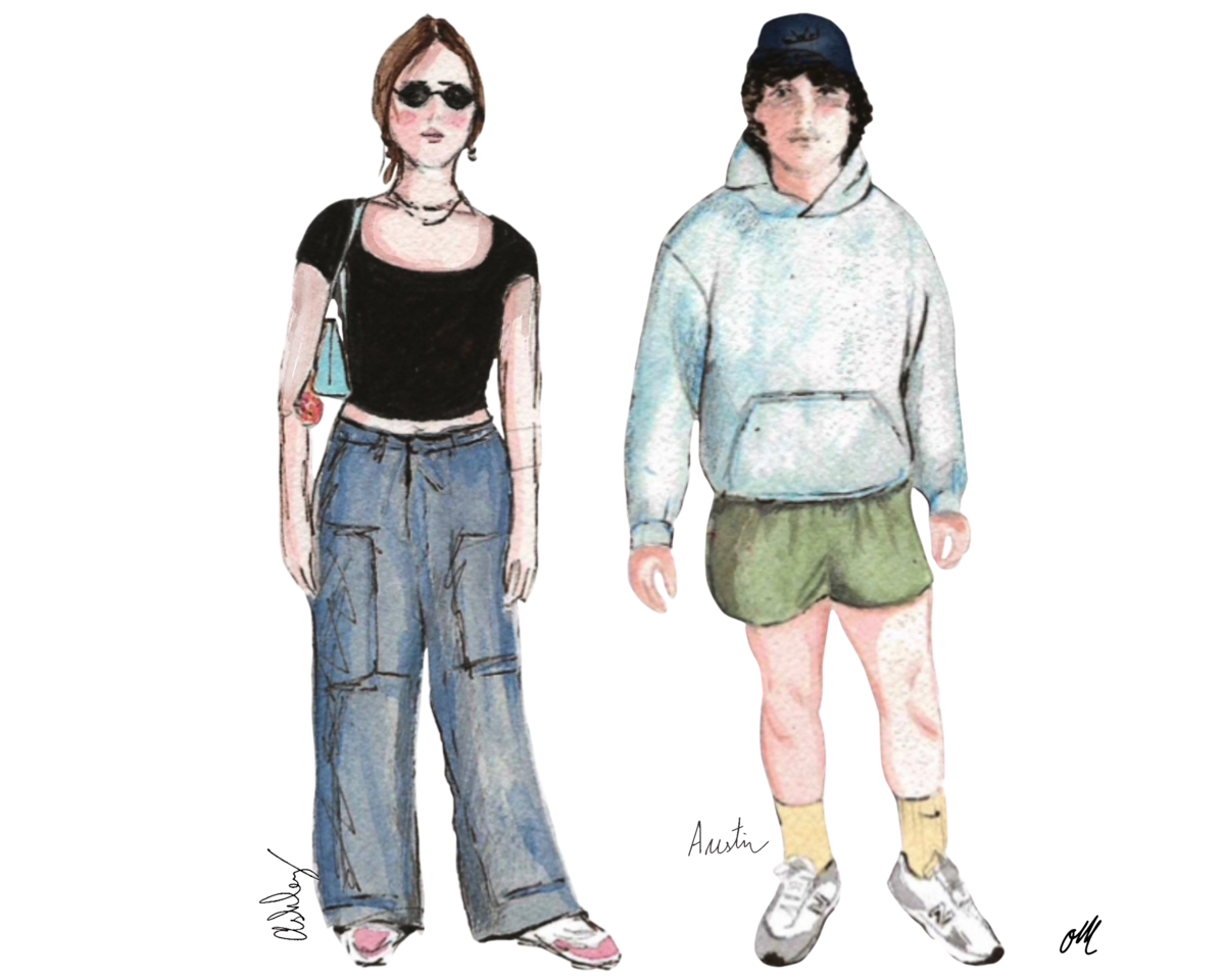 Two people in casual outfits, one wearing a black top and cargo pants with sunglasses, the other in a hoodie, shorts, and a cap. Both stand side by side, illustrated in a hand-drawn style on a white background.