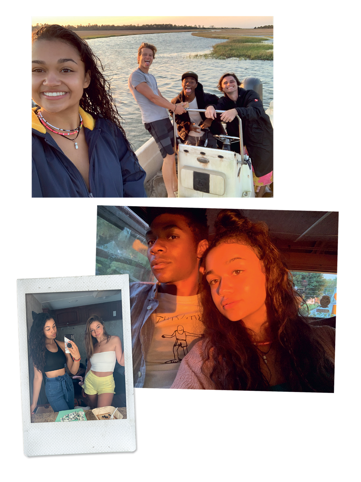 Collage of friends enjoying outdoor and indoor moments: group on a boat at sunset near water, two posing together in warm sunlight, and two friends in casual outfits standing in a kitchen.