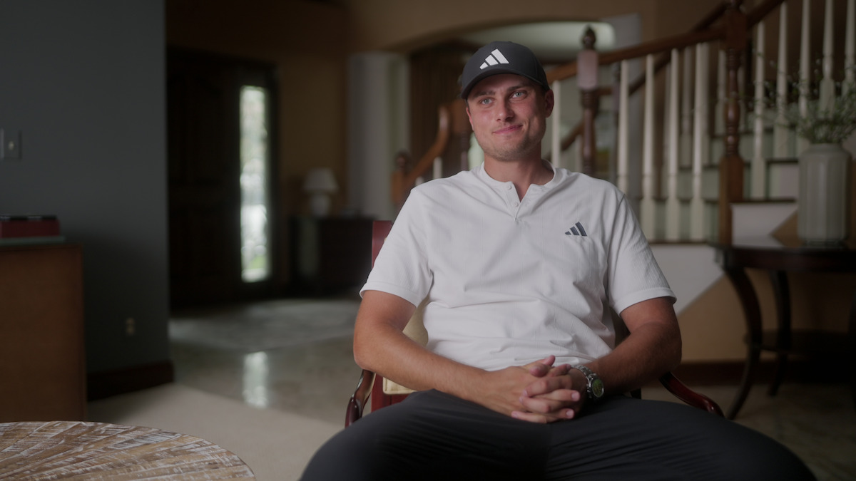 Ludvig Åberg sitting down for an interview.