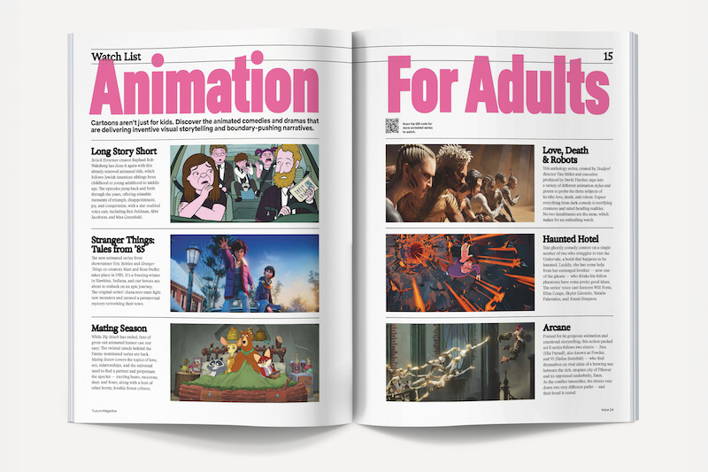 Magazine spread featuring an animation watch list for adults, with bold pink headlines, descriptions, and images of animated series and films. The layout includes columns and various animated or CG scenes.