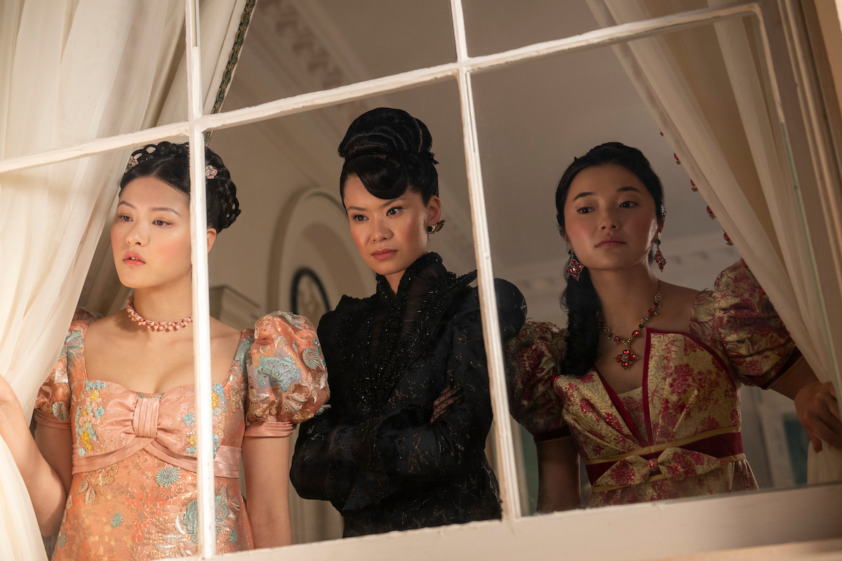 Isabella Wei as Posy Li, Katie Leung as Lady Araminta Gun and Michelle Mao as Rosamund Li in ‘Bridgerton’ Season 4.