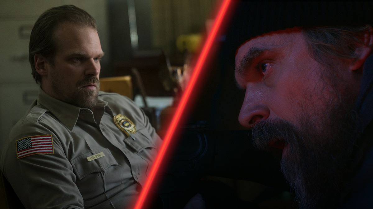 Diptych of David Harbour as Jim Hopper in ‘Stranger Things’ Season 1 and Season 5.