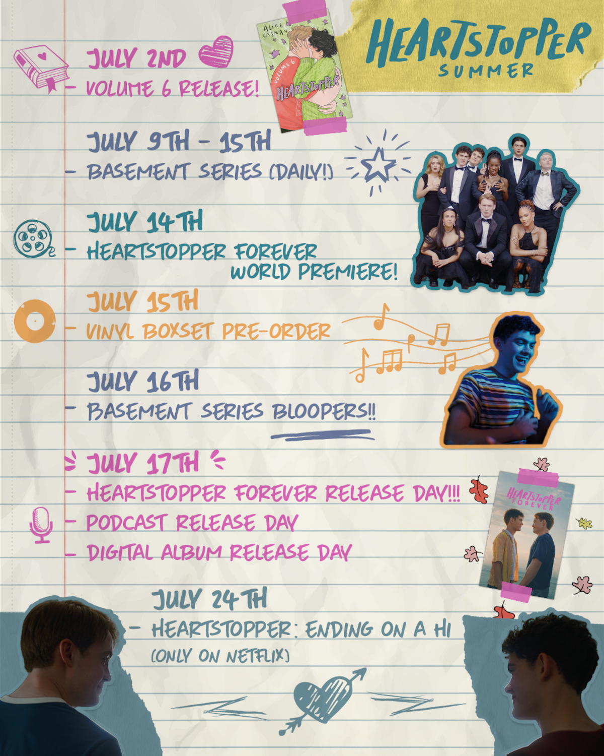 Heartstopper Summer events calendar with handwritten notes, illustrations, cast photos, and images of two boys facing each other; events include book release dates, premieres, podcast, music album and vinyl boxset details on lined paper.
