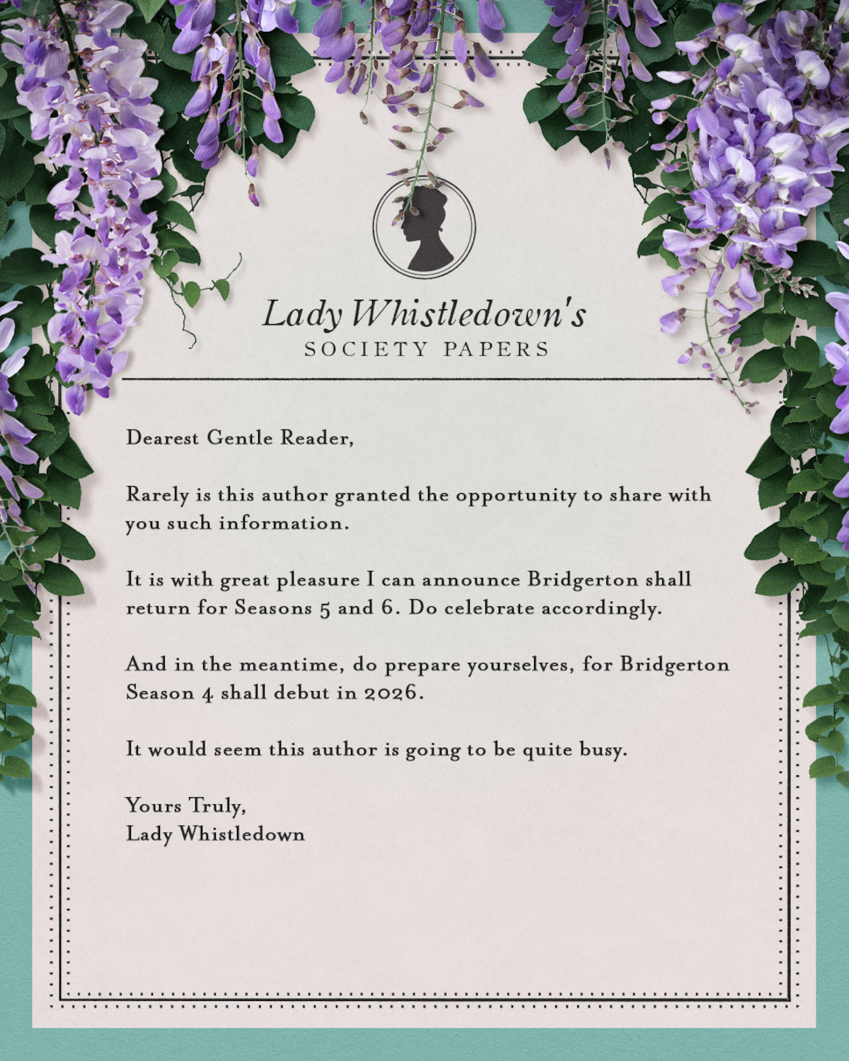 Lady Whistledown’s Society Papers, framed by some purple flowers.