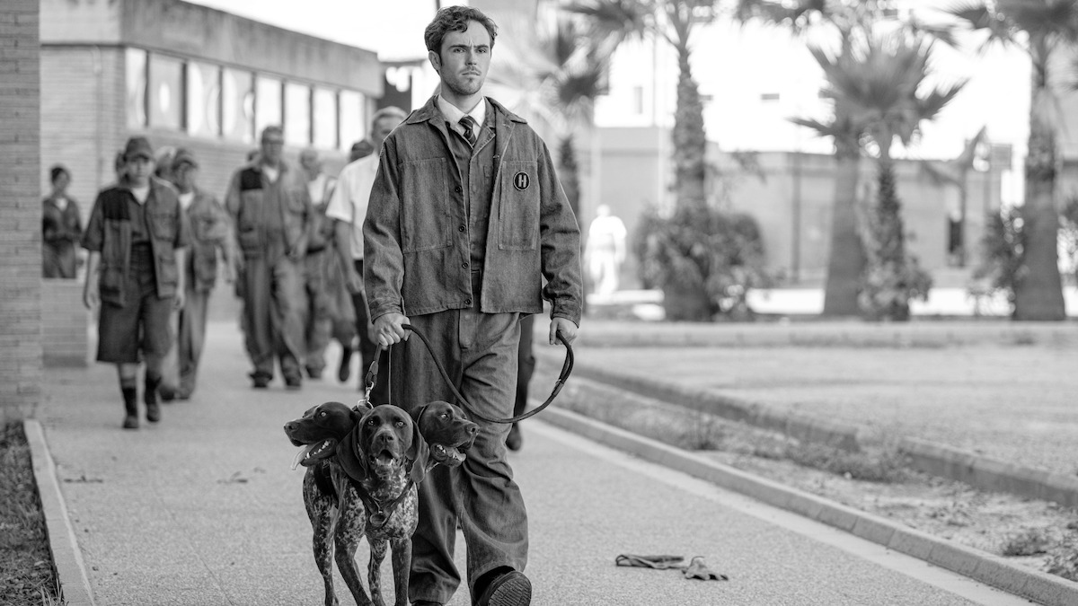 Black-and-white image of Misia Butler as Caeneus walking a three-headed dog in Season 1 of ‘Kaos’