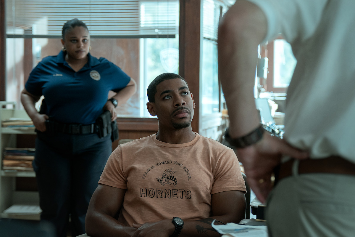 Zsané Jhé as Officer Jessica Sims and Aaron Pierre as Terry Richmond in “Rebel Ridge”.