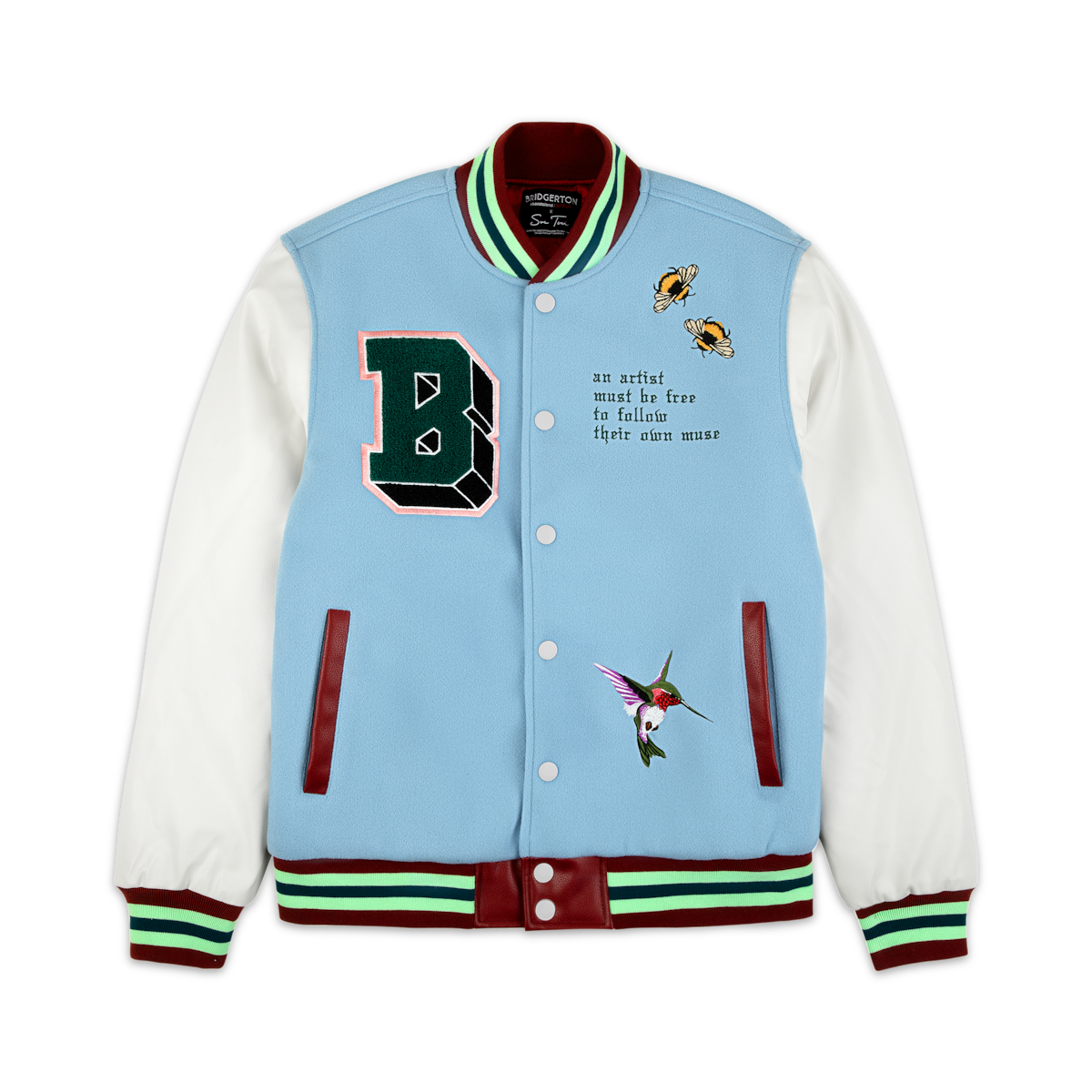 A letterman jacket featuring a hummingbird and bees designed for the ‘Bridgerton’ Artist Series