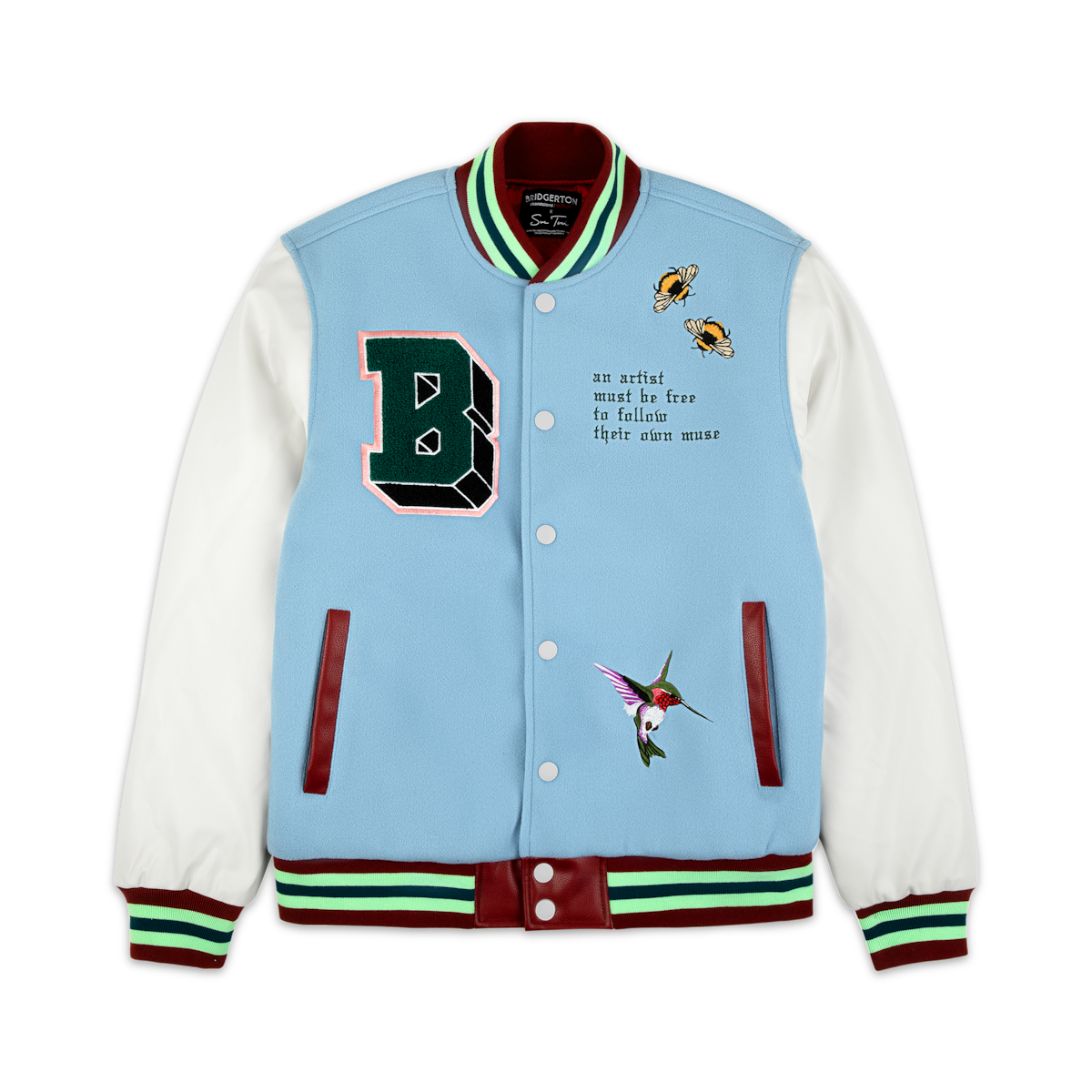 A letterman jacket featuring a hummingbird and bees designed for the ‘Bridgerton’ Artist Series