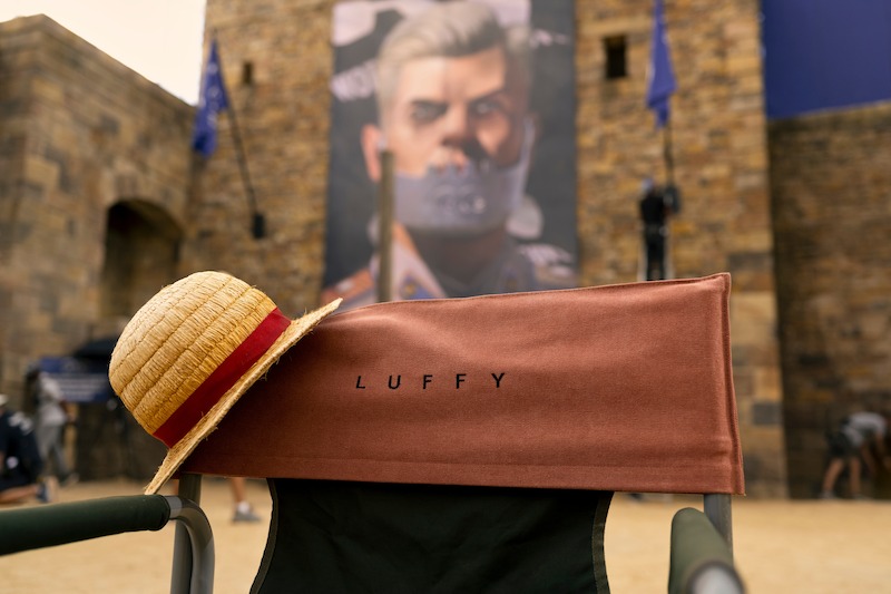 Straw hat on Luffy's director's chair on the set of Season 1 of 'One Piece.'
