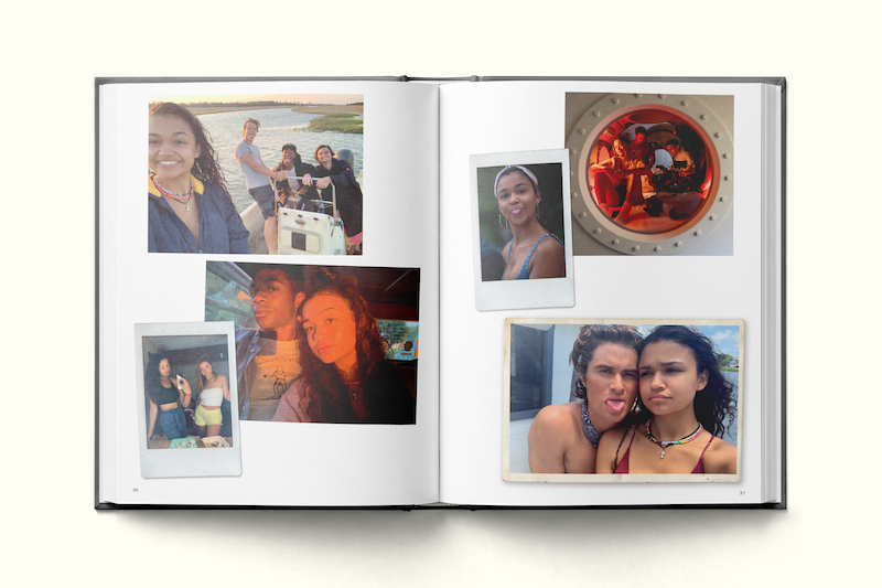 Photo album open to pages with casual snapshots of friends outdoors, on a boat, and in playful group and selfie poses, with varied settings including water, sunset, and a circular window, capturing moments of fun and friendship.