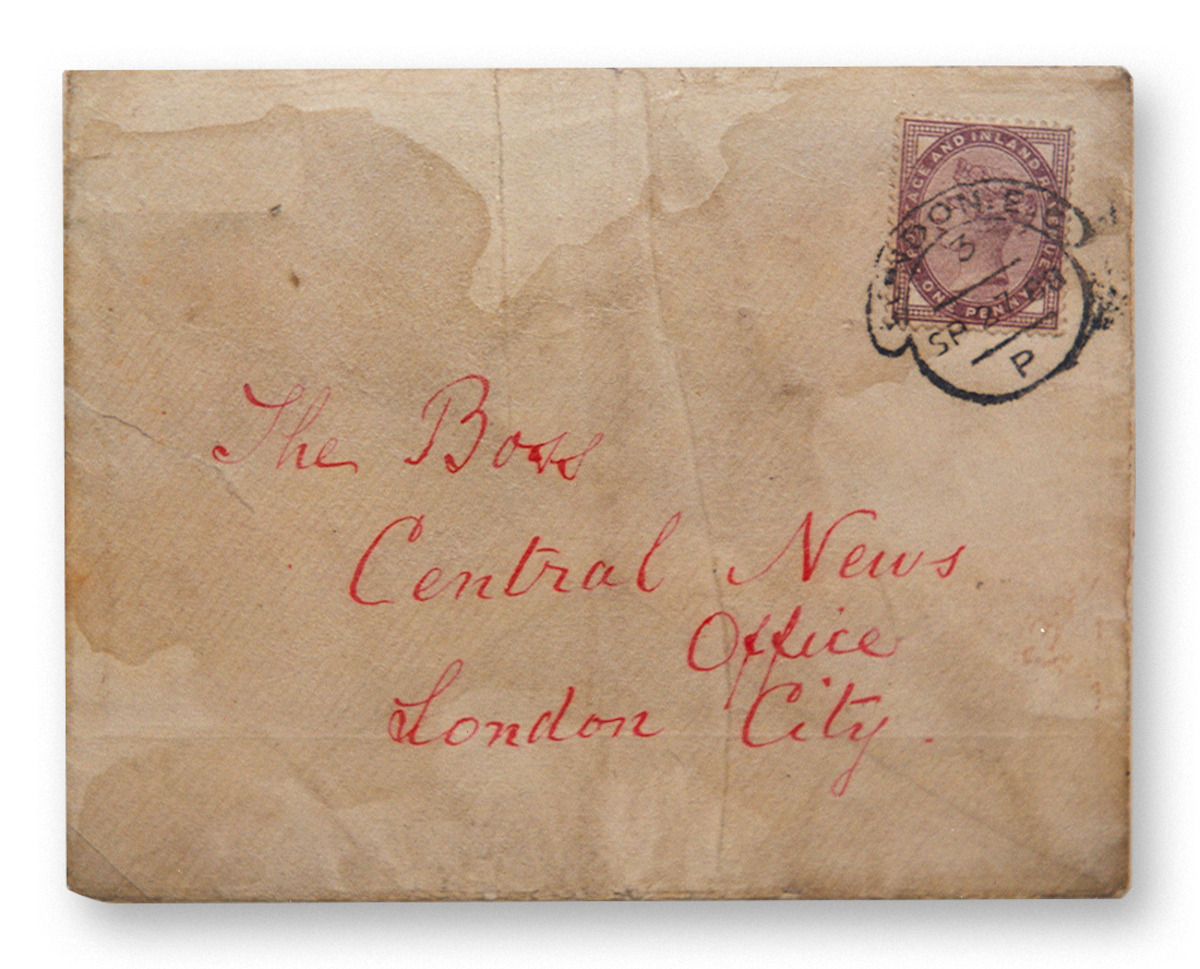 The envelope of the “Dear Boss” letter, mailed to London’s Central News Agency on Sept. 25, 1888, by an individual claiming to be Jack the Ripper