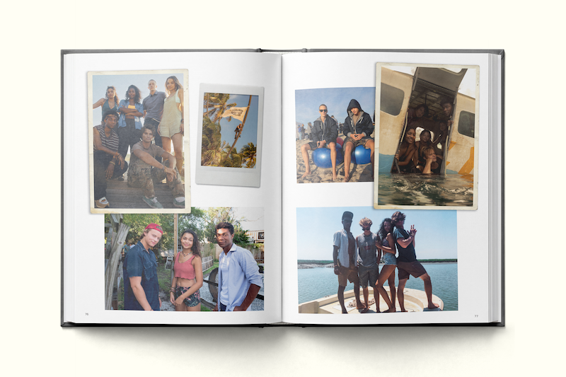 Photo book open to pages showing groups of young people outdoors at the beach, on a boat, and by palm trees, with casual summer clothing, sunny weather, and a playful vacation atmosphere.