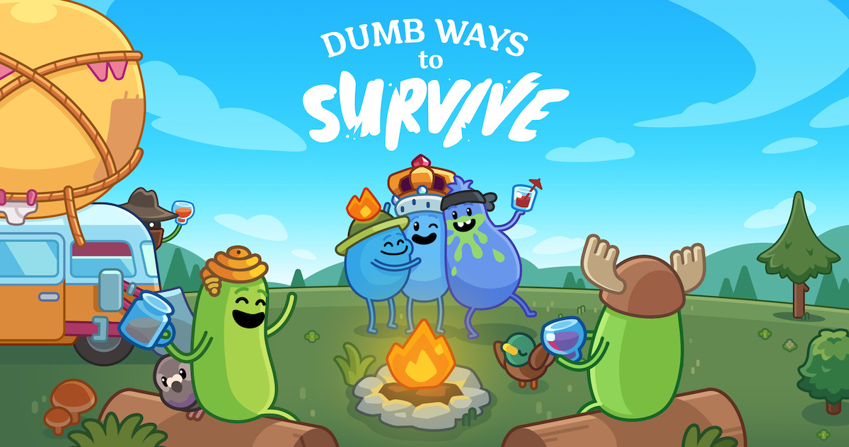 Dumb Ways to Survive Key Art - A group of cartoon characters celebrating around a campfire.