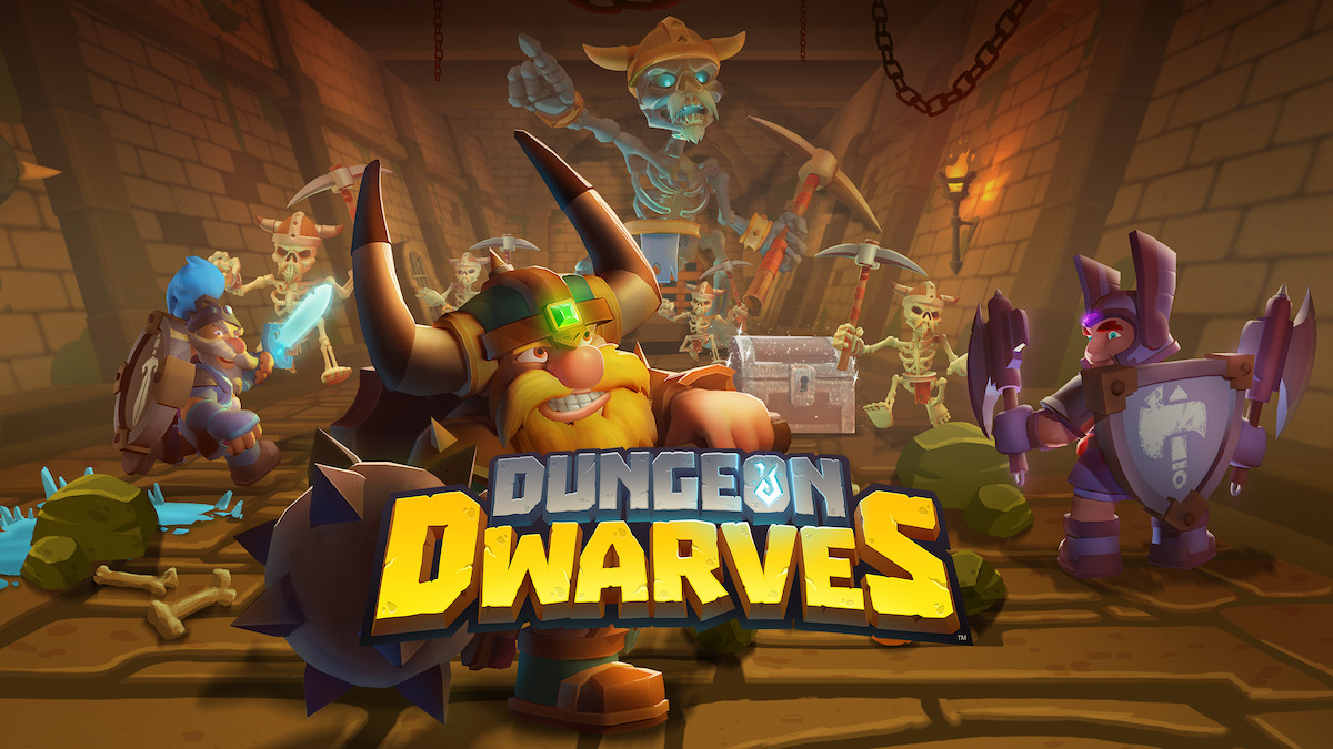 key art for Dungeon Dwarves - dwarves fighting skeletons in an underground tunnel.
