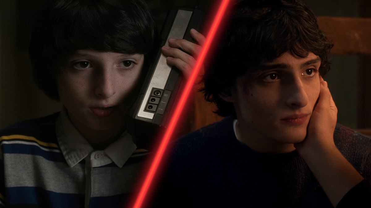 Diptych of Finn Wolfhard as Mike Wheeler in ‘Stranger Things’ Season 1 and Season 5.