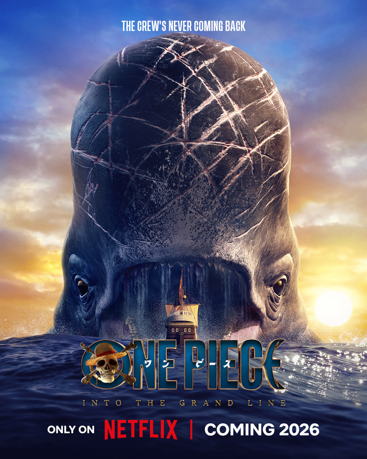Key Art for ‘ONE PIECE’ Season 2 featuring a Luffy looking at a massive whale at Laboon.