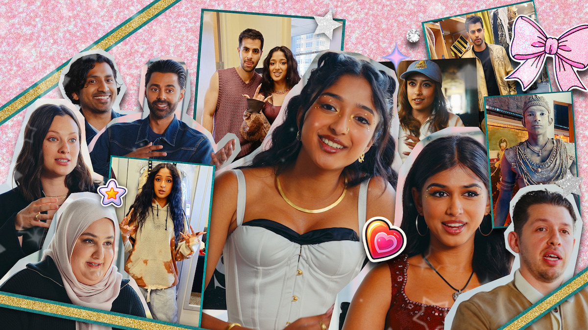 Collage of diverse young adults and teens in various settings, including casual conversations, group gatherings, and unique outfits, with colorful decorations, stickers, and a pink, glittery background. Energetic, social, and playful vibe.