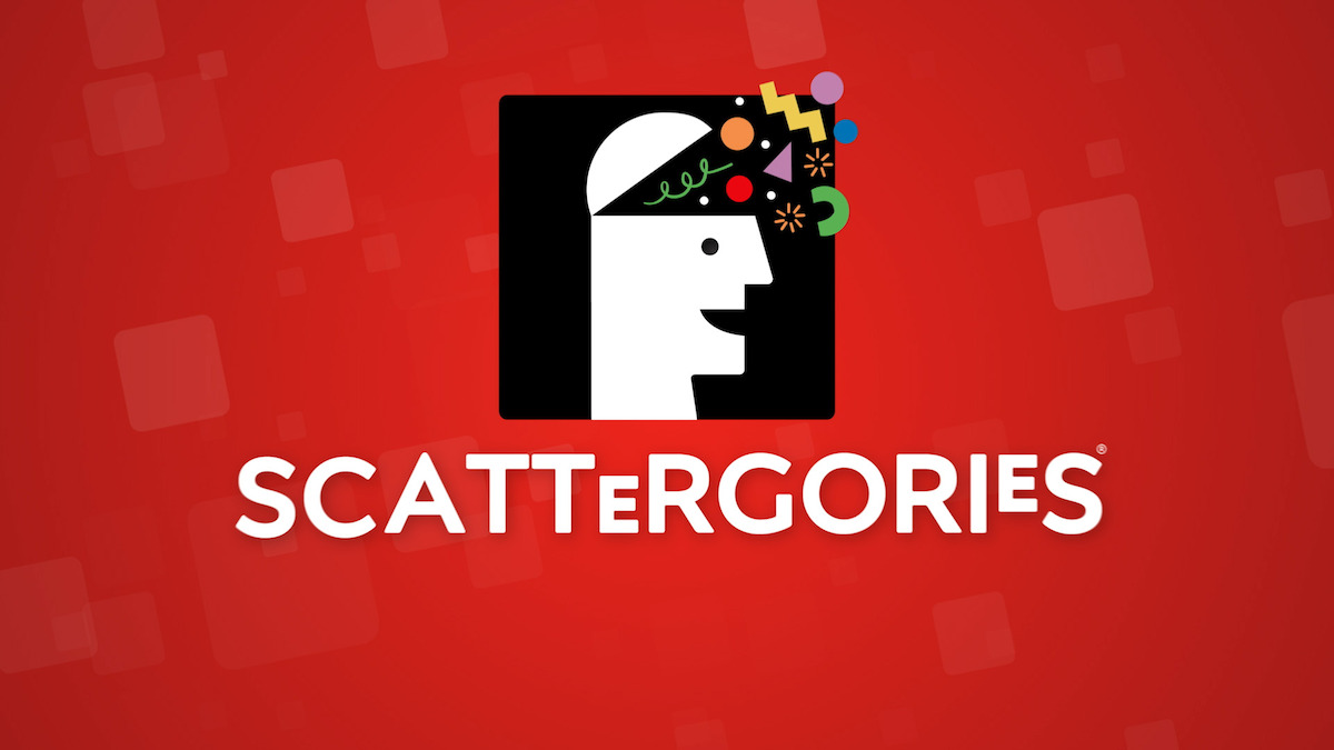 Scattergories game logo on a red background with a stylized head silhouette, colorful shapes around its head, and the word SCATTERGORIES in bold white letters below.