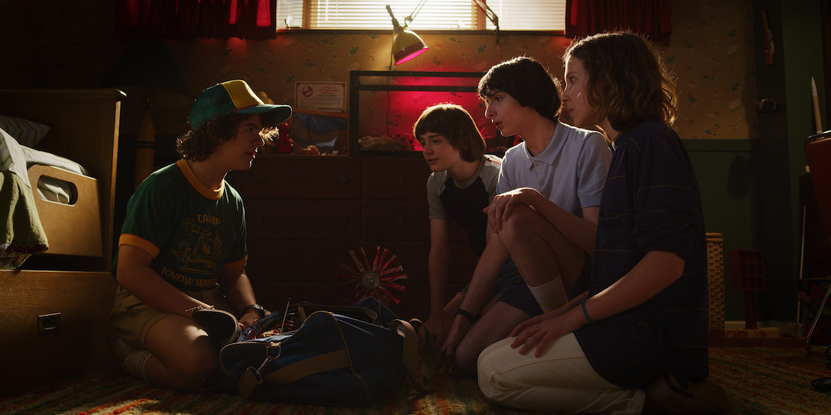 Gaten Matarazzo as Dustin, Noah Schnapp as Will, Finn Wolfhard as Mike, and Millie Bobby Brown as Eleven in ‘Stranger Things’ Season 3.