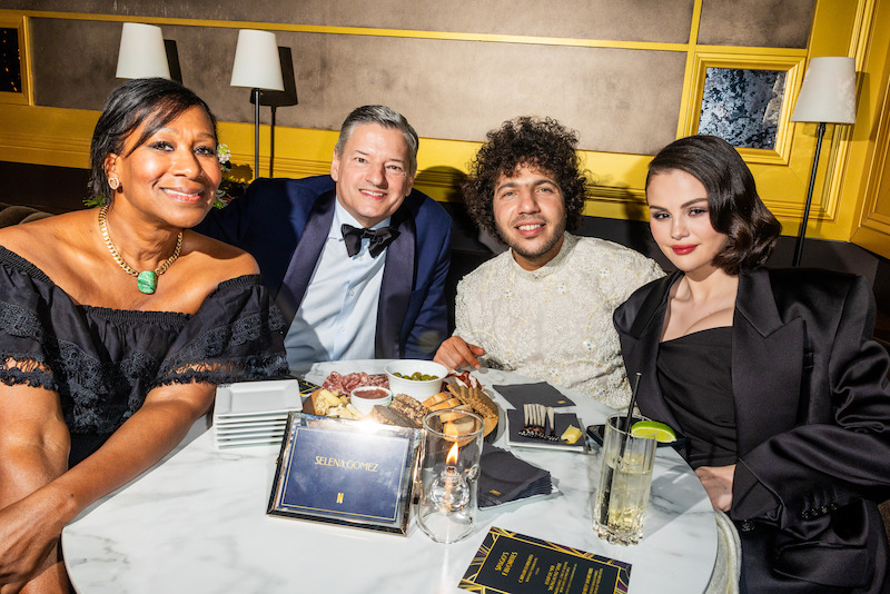 Nicole Avant, Ted Sarandos, Co-CEO, Netflix, Benny Blanco and Selena Gomez attend Netflix's Golden Globe Afterparty 2025 at Spago on January 05, 2025 in Beverly Hills, California. 
