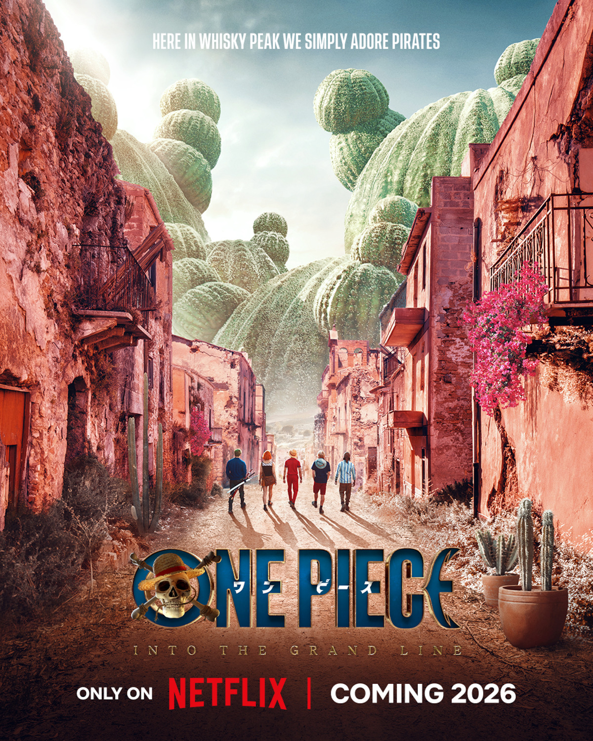Key Art for ‘ONE PIECE’ Season 2 featuring the straw hat crew in Whisky Peak.