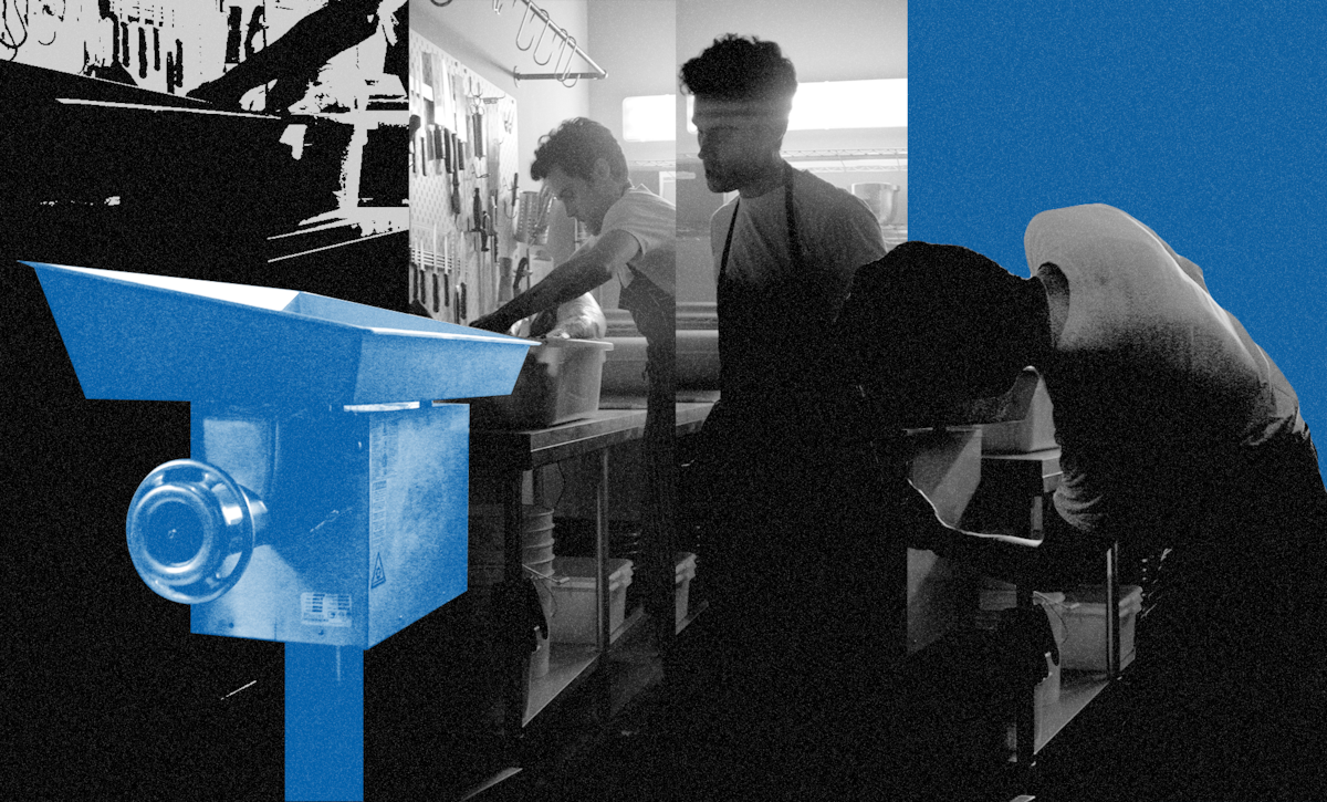 Collage of Joe Goldberg using a meat grinder.