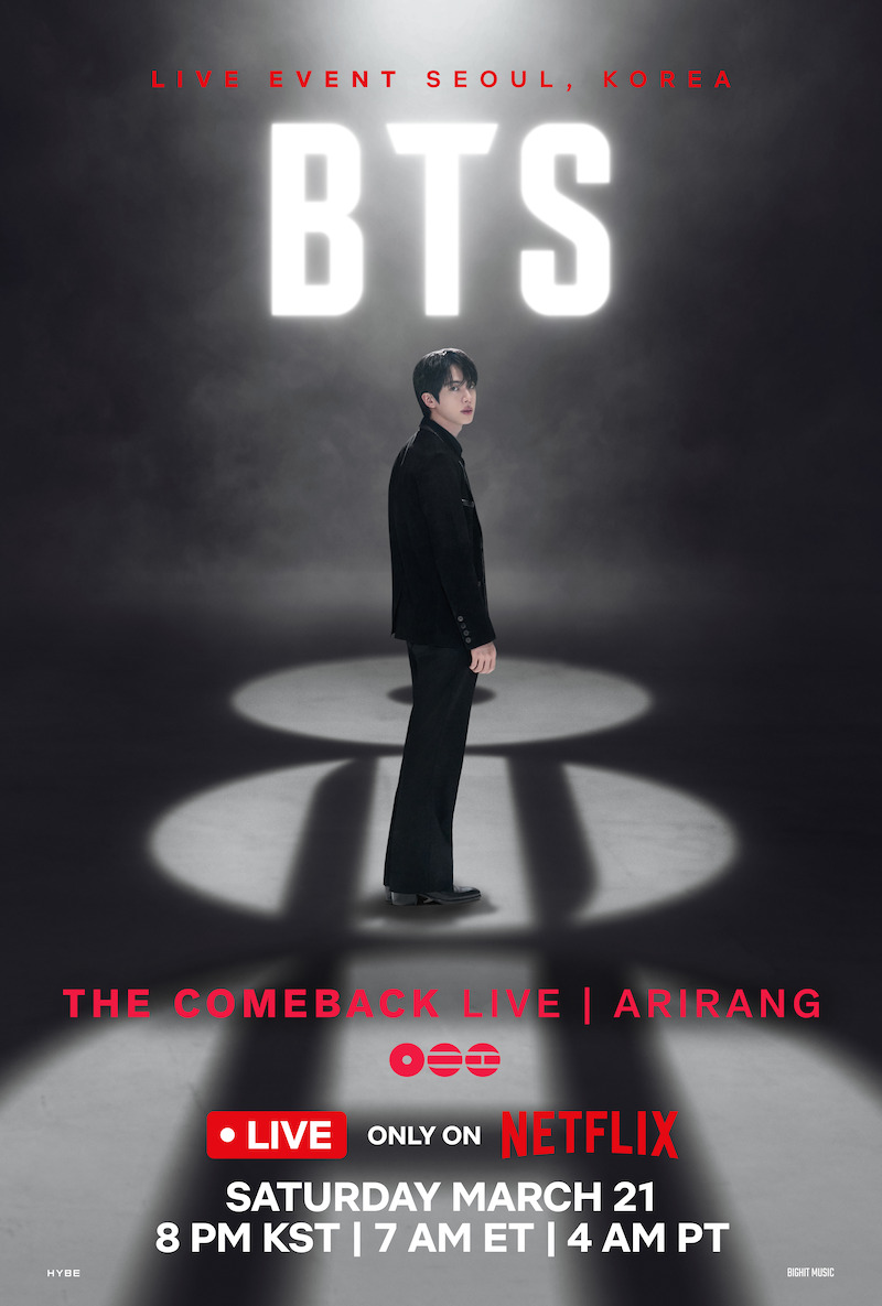 Jin stands under spotlights in a dark, smoky setting with large "BTS" letters behind; text details a live comeback event in Seoul on Netflix, with date and time information.