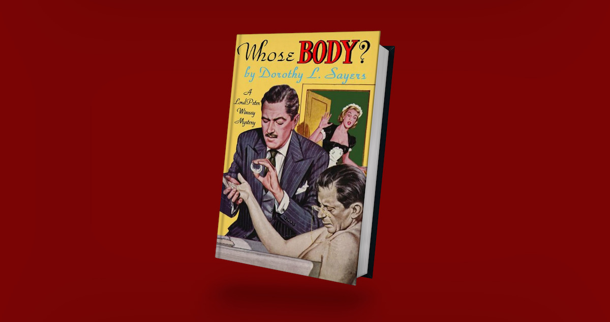A vintage book cover for "Whose Body?" by Dorothy L. Sayers featuring a detective examining a body in a bathtub, a shocked woman in the background, set against a yellow background, evoking a classic mystery mood.