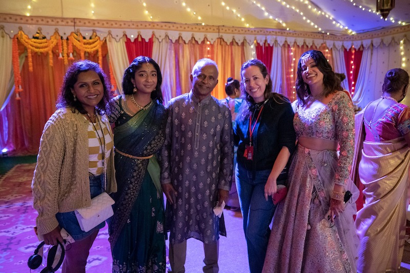 Executive Producer Mindy Kaling, Maitreyi Ramakrishnan as Devi, Avu Chokalingam as Avu, Director Lang Fisher and Richa Moorjani as Kamala