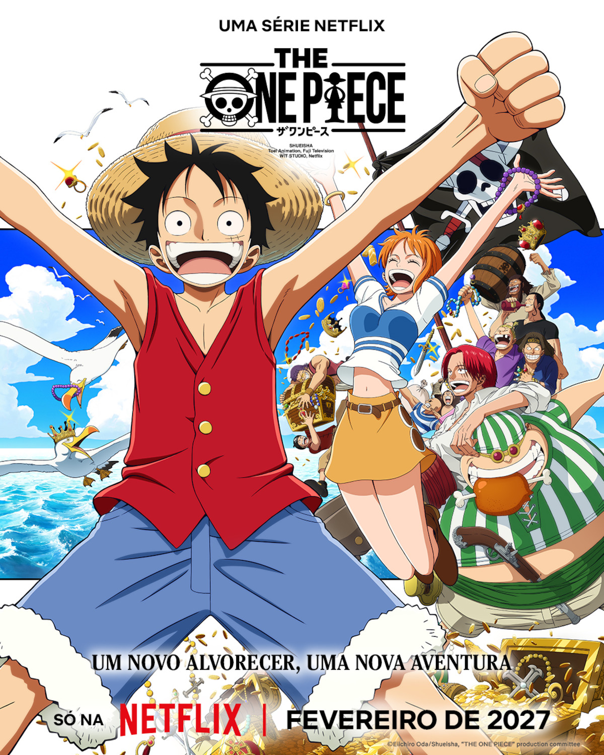 Pôster do anime ‘THE ONE PIECE’ da Netflix com Luffy e sua tripulação dentro de um navio ensolarado, em uma celebração com confetes coloridos, uma grande bandeira pirata e uma frase ao fundo anunciando a data de lançamento: fevereiro de 2027.