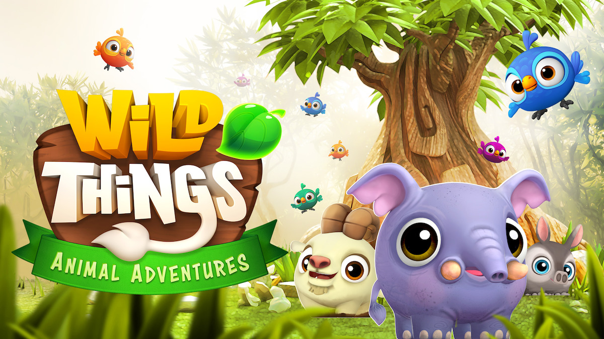 Wild Things: Animal Adventures key art - three cute characters (elephant, goat and rabbit) look at you.